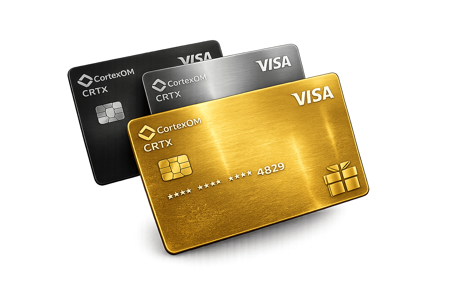 CRTX Visa Card tiers — Standard, Metal, and 18K Gold
